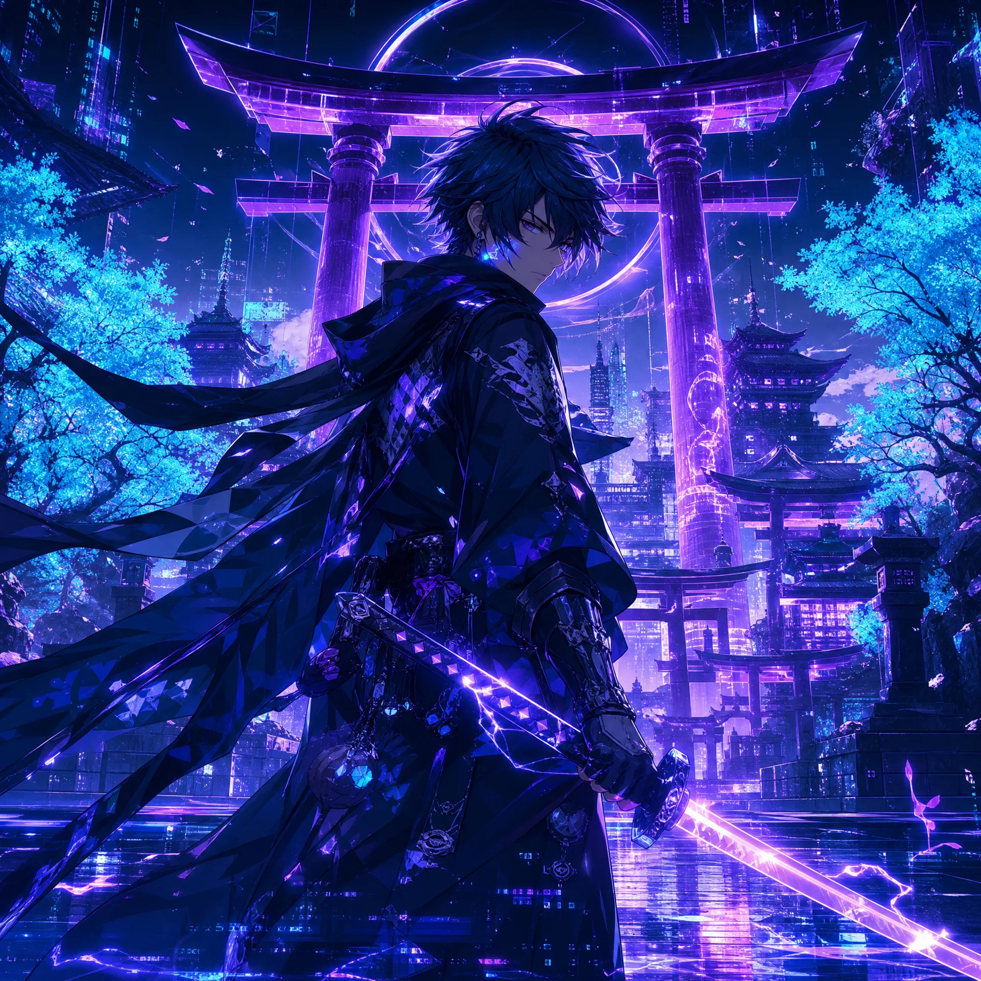 幻想世界持剑少年在霓虹鸟居前的AI绘画作品